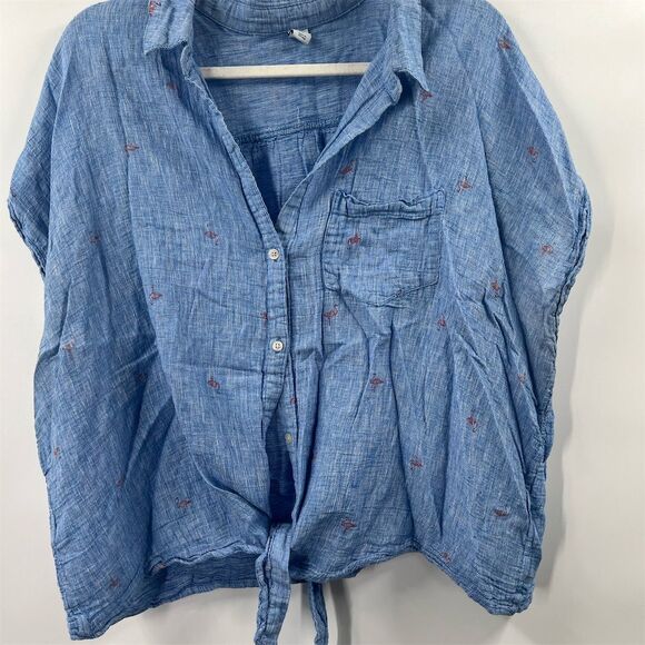 Old Navy Tops - Old Navy XXL Women's Blue Flamingo Print Tie-Front Short Sleeve Button-Up Shirt